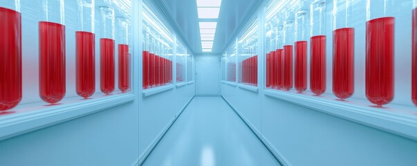 Poster - A futuristic laboratory hallway features illuminated containers filled with vibrant red liquid, emphasizing a sterile, high-tech environment.