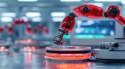 Poster - A robotic arm with a red design is manipulating a petri dish in a modern lab setting, showcasing advanced automation technology.