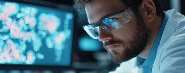 Poster - A focused scientist in glasses analyzing data on a computer screen, highlighting a blend of technology and research.