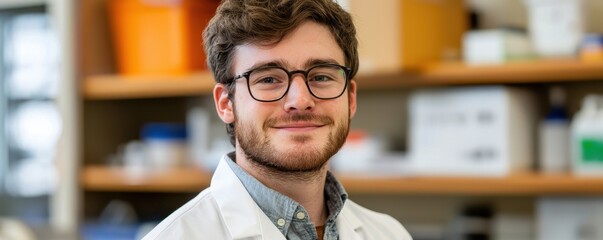 Poster - A smiling lab technician in a white coat, showcasing a friendly demeanor in a laboratory setting filled with scientific equipment.