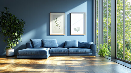 Modern and colorful interior of living room with design blue sofa, mock up poster, shelf, plants, decorations and personal stuff. Home decor and windows light overlay effect in room.