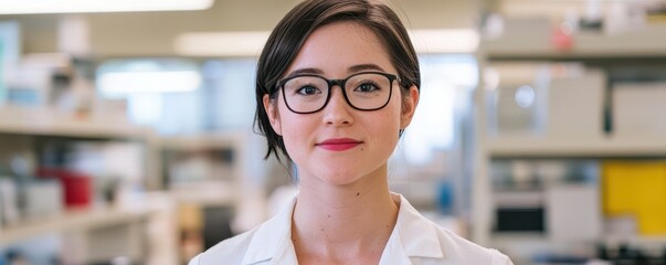 Poster - A focused woman in a lab coat and glasses stands in a bright laboratory, conveying professionalism and dedication to science.