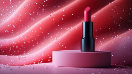Poster - Lipstick a pastel pink pedestal with geometric shapes in various hues creating an abstract aesthetic on a seamless background designed for an elegant and minimalist cosmetic showcase
