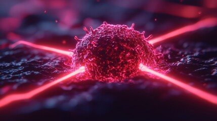 Poster - A glowing, red spherical shape is surrounded by glowing lines, suggesting energy or molecular interaction, set against a dark, textured background.