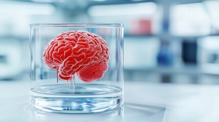 Poster - A vivid, red brain is displayed in a glass container, set against a blurred laboratory background, symbolizing neuroscience or medical research.
