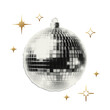 © Alexandra Lipina - Shiny disco ball and gold stars with halftone effect. Vector cut out sticker. Trendy modern collage design element on transparent background.