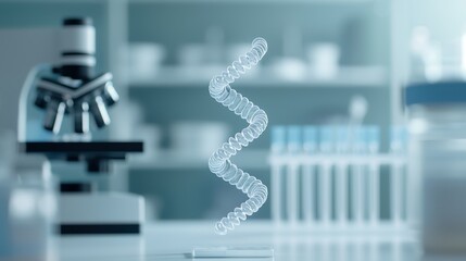 Poster - A 3D DNA double helix is displayed in a lab, with a microscope and lab equipment in the background, highlighting molecular biology and genetic research.