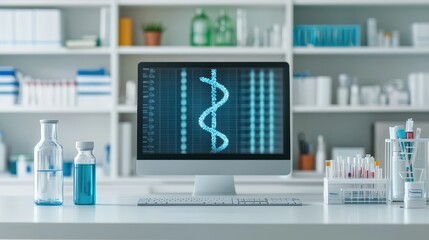 Poster - A modern laboratory setup featuring a computer displaying a DNA strand, surrounded by glass vessels and organized shelves of lab equipment.