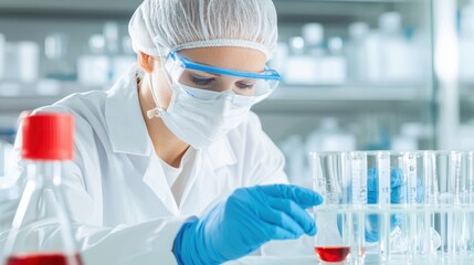 Poster - A focused scientist in a lab coat carefully examines a test tube, wearing gloves, goggles, and a face mask, surrounded by laboratory equipment.