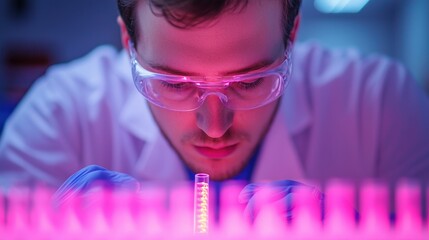 Poster - A scientist in protective eyewear analyzes samples under pink lighting in a lab, focused on his work.
