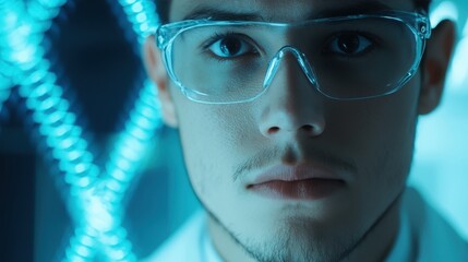 Poster - A focused young scientist with glasses gazes intently, illuminated by blue light in a high-tech laboratory environment.