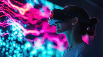 Poster - A young person immersed in virtual reality, wearing a VR headset against a vibrant, colorful background of swirling lights.