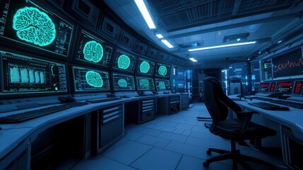 Poster - A futuristic control room with monitors displaying blue neural patterns, featuring a solitary figure in a chair amidst a high-tech environment.