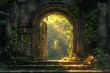 © nurionstudio - An ancient stone archway overgrown with vines leads to a hidden forest path with sunlight streaming through the trees.