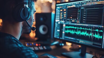 Man wearing headset works on audio editing at computer, focused on sound wave on screen. Professional audio engineer in studio environment.