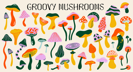 Wall Mural - set of various mushrooms in retro cartoon groovy funky 70s hippie style. different types of fungi ve