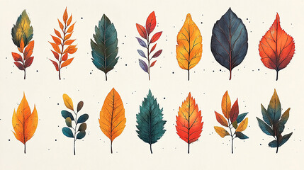 Wall Mural - beautiful watercolor autumn leaves collection with vibrant shades of orange, red, and yellow. perfec