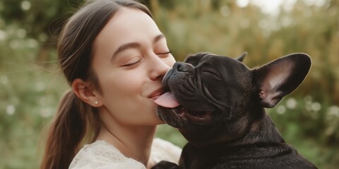 Wall Mural - A woman is kissing a black dog. The dog is licking her face