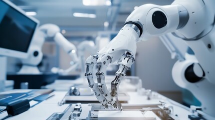 Poster - A robot assembling custom prosthetics in a futuristic biomedical workshop with advanced tools, clean and precise environment, Biomedical-tech style
