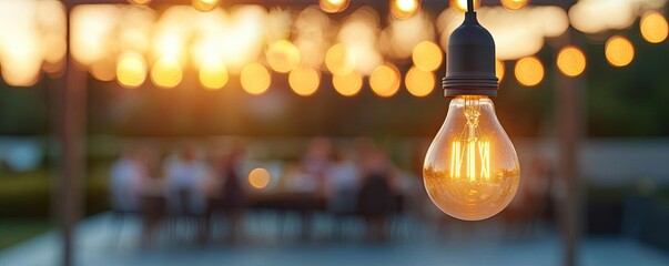 Warm light bulb glowing, elegantly illuminating outdoor gathering scene.