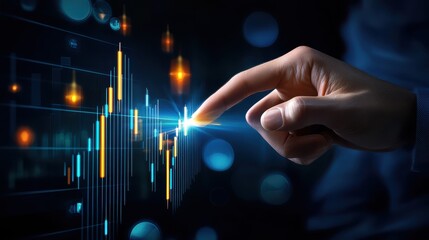 Poster - Businessman pointing to a digital financial graph with upward trends, symbolizing stock market success.