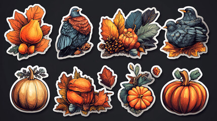 Wall Mural - thanksgiving stickers. vector icon set of autumn elements with roast turkey, cartoon pumpkin food, w