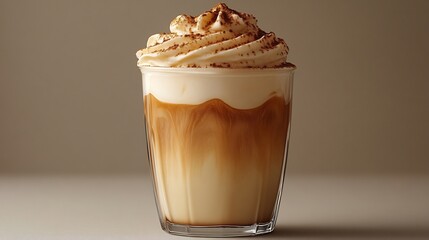 Poster - Rich dalgona coffee served a transparent glass showcasing a thick layer of coffee foam against a simple grey background leaving room for text Emphasis on the creamy frothy texture