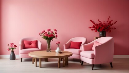 A modern living room with pink walls , two pink armchairs , a round wooden coffee table , and a vase of red flowers on the table.