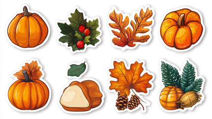 Wall Mural - thanksgiving stickers. vector icon set of autumn elements with roast turkey, cartoon pumpkin food, w