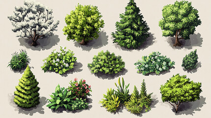 trees and bushes environment for landscape design, decorative nature elements isometric shape for ga