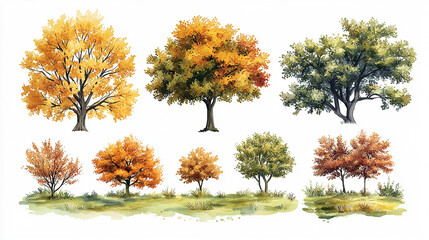 Wall Mural - Vector watercolor of blooming tree isolated on white background for landscape plan and architecture drawing, elements for environment and garden, botanical elements, blooming flowers in autumn.