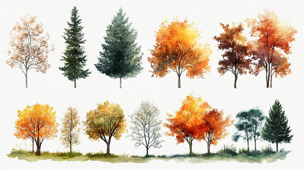 Wall Mural - Vector watercolor of blooming tree isolated on white background for landscape plan and architecture drawing, elements for environment and garden, botanical elements, blooming flowers in autumn.
