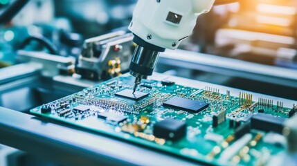 Poster - A robot assembling intricate circuit boards in a clean, modern electronics lab with organized workstations and advanced soldering equipment, Circuit board assembly tech style