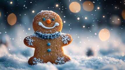 Poster - Smiling Gingerbread Man Cookie amidst gentle snowfall set against a peaceful snowy wonderland snowflakes twinkling under a soft winter sky