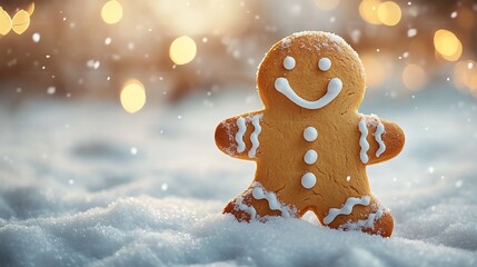 Poster - Smiling Gingerbread Man Cookie amidst gentle snowfall set against a peaceful snowy wonderland snowflakes twinkling under a soft winter sky