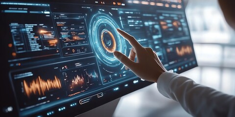 Fototapete - closeup of a hand interacting with a futuristic digital interface, with a holographic circle at the 