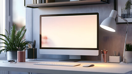 Poster - Modern desk with desktop computer and lamp in cozy home office. 3D Rendering