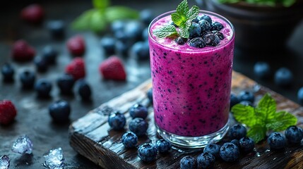 Poster - Smooth glass of blueberry smoothie garnished mint and juicy berries resting on a wooden surface The fresh ingredients and vibrant colors make it perfect for a healthy refreshment space for text