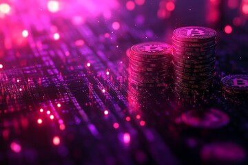 Poster - Close-up of golden Bitcoin stacks on a futuristic circuit board with pink lighting.