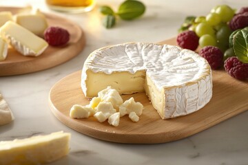 Canvas Print - A round of brie cheese on a wooden board with raspberries and grapes