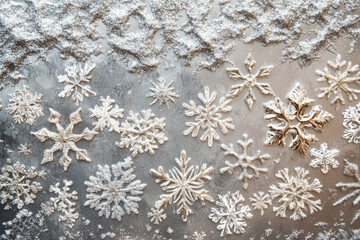 Elegant silver backdrop with intricate white snowflakes creating a frosty design.

