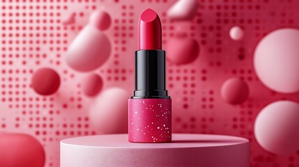 Poster - Stylish lipstick mockup set a pink pedestal surrounded by geometric shapes in various sizes and colors forming a bold and contemporary background with a focus on beauty product appeal