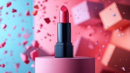 Poster - Stylish lipstick mockup set a pink pedestal surrounded by geometric shapes in various sizes and colors forming a bold and contemporary background with a focus on beauty product appeal