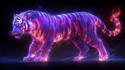 Poster - Stylized tiger illuminated rich purple blue shades set against a dark background Its flowing lines and large bushy tail with flamelike points create a sense of dynamic energy and otherworldly beauty