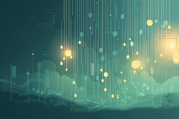 Data grid turning into a forest, representing growth through structured information, flat design illustration