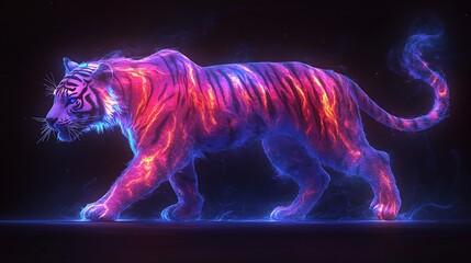 Aufkleber - Stylized tiger illuminated rich purple blue shades set against a dark background Its flowing lines and large bushy tail with flamelike points create a sense of dynamic energy and otherworldly beauty