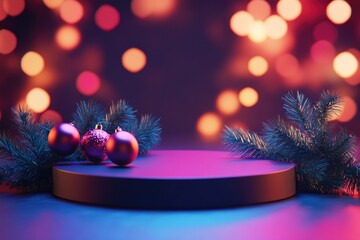 Wall Mural - Purple Christmas Ornaments and Pine Branches on Black Podium with Bokeh Lights