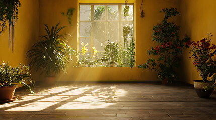 Poster - A serene indoor garden bathed in natural light capturing the beauty of plants and sunlight in a yellow room
