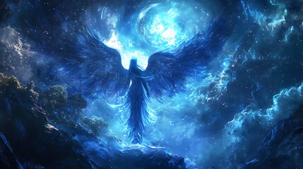 Poster - A celestial being with wings illuminates the cosmic realm surrounded by ethereal lights and galactic wonders