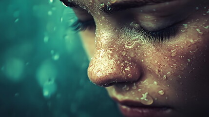 Poster - Closeup of a serene face with raindrops depicting tranquility and emotions in a captivating green-hued atmosphere